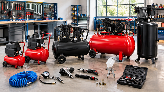 Diferentes modelos de compressor de ar Motomil em uma oficina profissional.