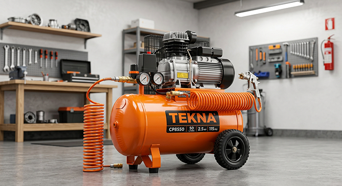 Compressor de ar Tekna de 50 litros modelo CP8550 em uma oficina mecânica bem iluminada.