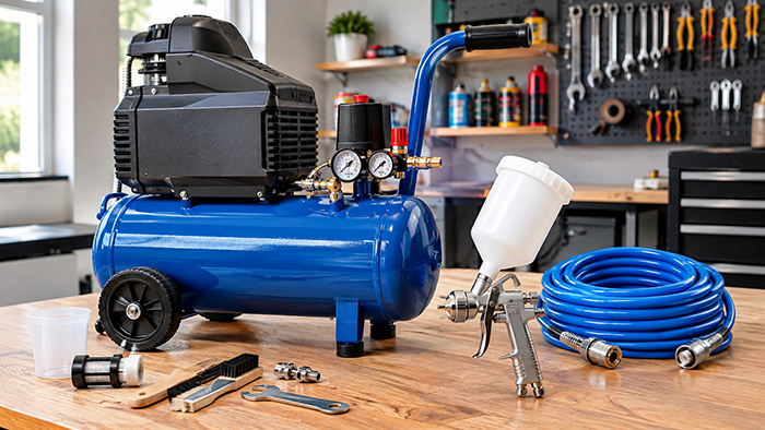 Compressor para pintar acompanhado de pistola e acessórios de pintura