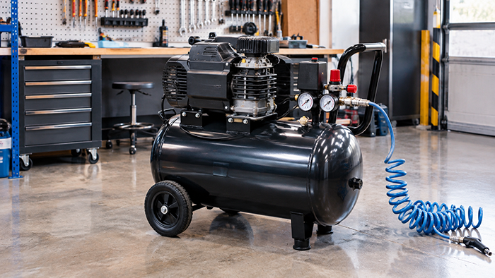 Compressor de ar com reservatório de 50 litros, motor elétrico, manômetros, rodas e mangueira em uma oficina organizada.