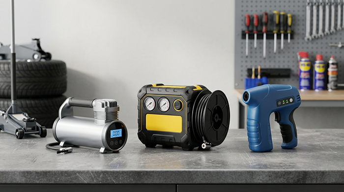 Comparação visual de três modelos de compressor de ar pequeno portátil sobre uma bancada de oficina.
