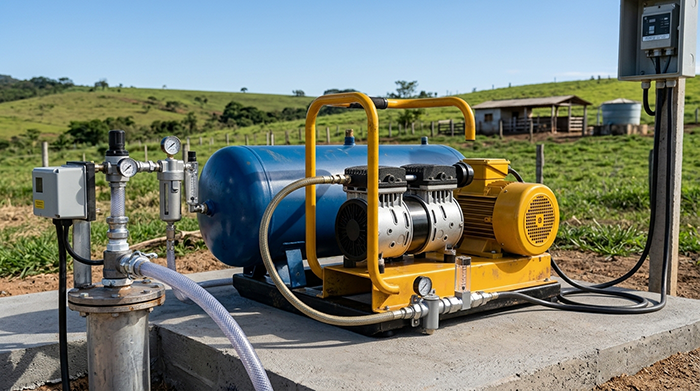 Compressor de ar utilizado em sistema de poço artesiano para elevação de água.