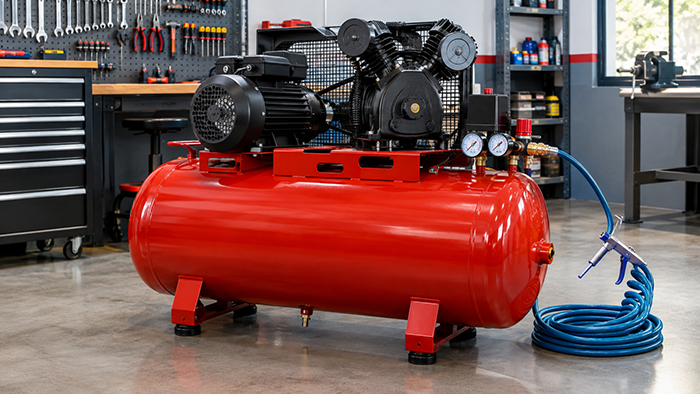 Compressor de ar profissional de 110 litros em oficina, ilustrando avaliação de vantagens e desvantagens.